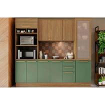 Cozinha Completa Botanic 5 Peças (1 Armário + 1 Balcão + 2 Paneleiros + 1 Complemento) M650 Nogueira/Verde Oliva - Kappesberg