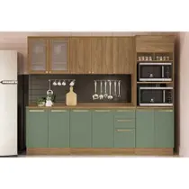 Cozinha Completa Botanic 7 Peças (2Aéreos+2Balcões+1Paneleiro+2Complementos) C7P36 Nogueira/Verde - Kappesberg