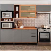 Cozinha Completa Castanha 9 Portas 2 Gavetas com Vidro Cinza/Freijó - Telasul