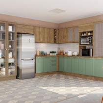 Cozinha Completa de Canto com Cristaleira 19 portas 5 Gavetas Botanic Kappesberg - Nogueira/Verde Oliva