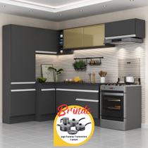 Cozinha Completa de Canto Veneza MP2087 Multimóveis Preto Branco Brinde Jogo de Panelas Tramontina