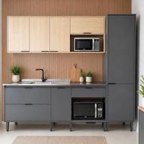 Cozinha Completa Modulada 2,30m com Balcão, Aéreo, Paneleiro e Espaço p/Forno, Micro e Cooktop Lumi Cinza/Grafite/Carvalho