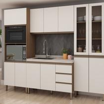 Cozinha Completa Modulada 4 Peças com Torre Quente Cristaleira e Balcão sem Tampo Bege/Ébano/Off White
