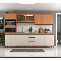 Cozinha Completa Modulada 5 Peças 11 Portas com Torre Quente e Vidro Reflecta Cecília Marrom/Freijó/Off White