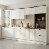 Cozinha Completa Modulada 6 Peças 100% MDF com Cristaleira Torre Quente e Balcão para Pia Iluminata Branco/Ébano
