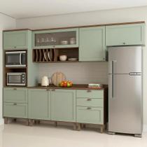 Cozinha Completa Modulada 6 Peças 100% MDF com Torre Quente, Porta Pratos e 2 Balcões com Tampo Iluminata Verde Mint/Ébano