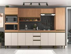 Cozinha Completa Modulada 6 Peças 11 Portas com Torre Quente Paneleiro e Aéreo Ripado Cecília Marrom/Freijó/Off White