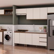 Cozinha Completa Modulada com Armário para Área de Serviço/Lavanderia Integrada Bege/Ébano/Off White Cozinha Completa Modulada com Armário para Área de Serviço/Lavanderia Integrada Bege/Ébano/Off White