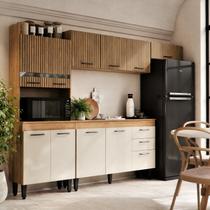 Cozinha Completa Modulada com Nichos MDF Veneza 243cm Branco/Off White Ripado Amadeirado