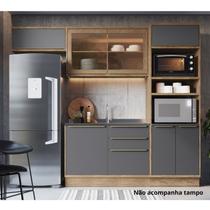 Cozinha Completa Modulada com Vidro Reflecta 4 Peças 7 Portas Viena Cinza/Freijó/Grafito Cozinha Completa Modulada com Vidro Reflecta 4 Peças 7 Portas Viena Cinza/Freijó/Grafito