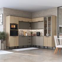 Cozinha Completa Modulada de Canto 11 Peças com Cristaleira e Porta Ripada Lavínia Bege/Imperial/Fumê
