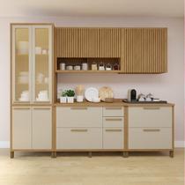 Cozinha Completa Modulada Torino com 2 Aéreos, 1 Paneleiro Porta de Vidro e 2 Balcões Bege/Cinamomo/Off White