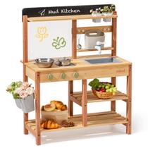 Cozinha de barro robusta de madeira com pia e acessórios para crianças