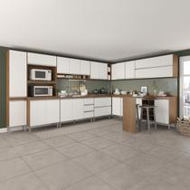 Cozinha de Canto Completa Modulada com Bancada Ilha Sabrina 372/254x202 Cm 13 Peças MDP Branco MENU - Menu Móveis