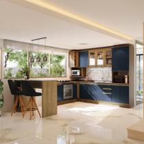 Cozinha de Canto Modulada Celeste Kappesberg 100% MDF Nogueira/Azul Cozinha de Canto Modulada Celeste Kappesberg 100% MDF Nogueira/Azul