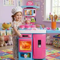 Cozinha Infantil Completa Mega Toy Chef Sai Água e Talheres Rosa Samba Toys