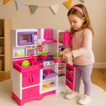 Cozinha Infantil Rosa Fogão Geladeira Pia Armário Microondas Brinquedo Completo Menina Realista Educ
