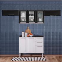 Cozinha Itatiaia Luce com Armários Aéreos e Balcão 2 Gavetas 8 Portas 3 Vidros Branco / Preto