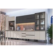Cozinha Modulada 10 Peças Tampo Aéreo 3 Portas Basculantes Balcão 2 Portas Paneleiro Plátano Cinza/Fumê/Grafite