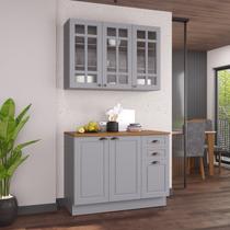 Cozinha Modulada 2 Peças Balcão com Tampo e Armário Aéreo com Vidro 100% MDF com Rodapé Bari Cinza/Titanio Fosco Cozinha Modulada 2 Peças Balcão com Tampo e Armário Aéreo com Vidro 100% MDF com Rodapé Bari Cinza/Titanio Fosco