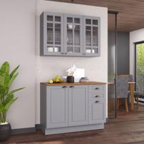 Cozinha Modulada 2 Peças Balcão com Tampo e Armário Aéreo com Vidro 100% MDF com Rodapé Bari Cinza/Titanio Fosco Cozinha Modulada 2 Peças Balcão com Tampo e Armário Aéreo com Vidro 100% MDF com Rodapé Bari Cinza/Titanio Fosco