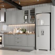Cozinha Modulada 285cm com Vidro e Fechamento de Geladeira 10 Portas 3 Gavetas Americana Henn - Cinza/Nature Cozinha Modulada 285cm com Vidro e Fechamento de Geladeira 10 Portas 3 Gavetas Americana Henn - Cinza/Nature