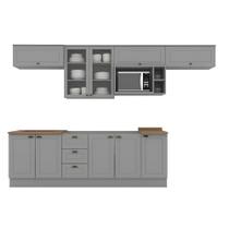 Cozinha Modulada 320cm Americana com Vidro e Nicho de Micro-ondas 8 peças 10 Portas 3 Gavetas Henn - Cinza/Nature