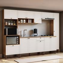 Cozinha Modulada 6 Peças MDF com Torre Quente para Forno e Micro-Ondas e Detalhe Americano Frisado Branco/Cinamomo Fosco