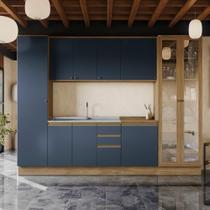 Cozinha Modulada Celeste Kappesberg 100% MDF Nogueira/Azul 302cm