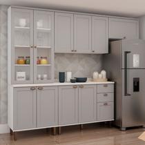 Cozinha Modulada com Cristaleira com Tampo Impermeável 100% MDF Iluminata Cinza/Branco/Fendi Cozinha Modulada com Cristaleira com Tampo Impermeável 100% MDF Iluminata Cinza/Branco/Fendi