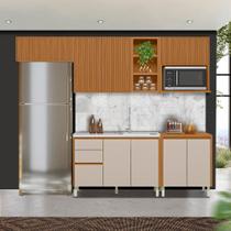 Cozinha Modulada Compacta 5 Peças 270 cm Aéreo Ripado 8 Portas 100% MDF Nature Off White Mattos Shop JM