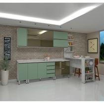 Cozinha Modulada Compacta com Tampo 9 Peças Branco com Verde Jade Pérola Luciane Móveis