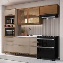 Cozinha Modulada Compacta Fidelitá Barcelona 4 Peças 270cm 8 Portas 4 Gavetas Sem Tampo Freijó/Camurça