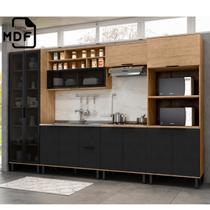 Cozinha Modulada Completa em MDF 6 Peças Lombardia com Portas de Vidro 350cm - cor Freijó Nero