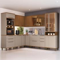 Cozinha Modulada Completa Fidelitá Barcelona 8 Peças 484cm 17 Portas 4 Gavetas Sem Tampo Freijó/Camurça