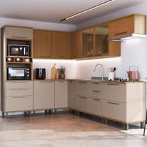 Cozinha Modulada Completa Fidelitá Barcelona 9 Peças 494cm 16 Portas 4 Gavetas Sem Tampo Freijó/Camurça