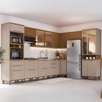 Cozinha Modulada Completa Fidelitá Barcelona 9 Peças 604cm 19 Portas 4 Gavetas Sem Tampo Freijó/Camurça