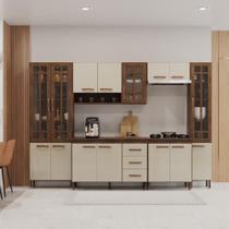 Cozinha Modulada Completa Fidelitá Lisboa 6 Peças 295cm 15 Portas 3 Gavetas Com Tampo Noce OffWhite