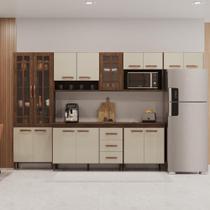 Cozinha Modulada Completa Fidelitá Lisboa 6 Peças 330cm 15 Portas 3 Gavetas Com Tampo Noce/Off-White