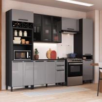 Cozinha Modulada Completa Fidelitá Mônaco 5 Peças 320cm 12 Portas 2 Gavetas Com Tampo Chumbo/Titânio