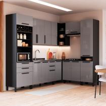 Cozinha Modulada Completa Fidelitá Mônaco 8 Peças 469cm 15 Portas 4 Gavetas Sem Tampo Chumbo/Titânio
