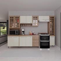 Cozinha Modulada Completa Fidelitá Paris 5 Peças 295cm 12 Portas 3 Gavetas Com Tampo Nogal/Salinas - Fidelitá Móveis