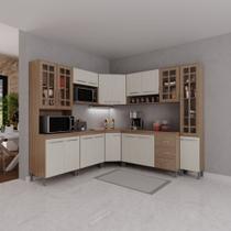 Cozinha Modulada Completa Fidelitá Paris 8 Peças 445cm 18 Portas 3 Gavetas Com Tampo Nogal/Salinas - Fidelitá Móveis