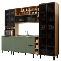 Cozinha Modulada Completa MDF 6 Peças Lombardia com Portas de Vidro 280cm- cor Freijó Jade