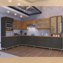 Cozinha Modulada de Canto Reto Torre Quente Cristaleira 4 Portas Aéreo 120cm Aéreo 60cm com Vidros Reflecta Balcão com Tampo 120cm Completa 10