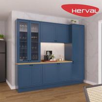 Cozinha Modulada Pequena Herval Viana, 7 Peças, Azul Orion E Carvalho Nature, Com Vidro Cozinha Modulada Pequena Herval Viana, 7 Peças, Azul Orion E Carvalho Nature, Com Vidro