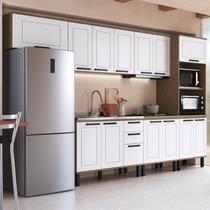 Cozinha Modulada Provençal 7 Peças 2 Balcões 1 Tampo 3 Armários e Torre Quente Marrom/Jequitibá/Branco Fosco