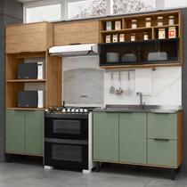 Cozinha Modulada Toscana 4 Peças Mdf com Aéreo 1200 Porta de Vidro Basculante e Torre 2 Fornos Freijó/Jade