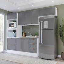 Cozinha Pérola com Rodapé Completa Modulada 4 Peças Torre Quente Aéreo 3 Portas e Balcão 2 Gavetas 3 Portas Yescasa Cinza/Branco