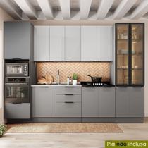 Cozinha Telasul Lumina 6 Peças com Paneleiro para Forno e Micro com Vidro Fumê e Iluminação s/Tampo Cinza